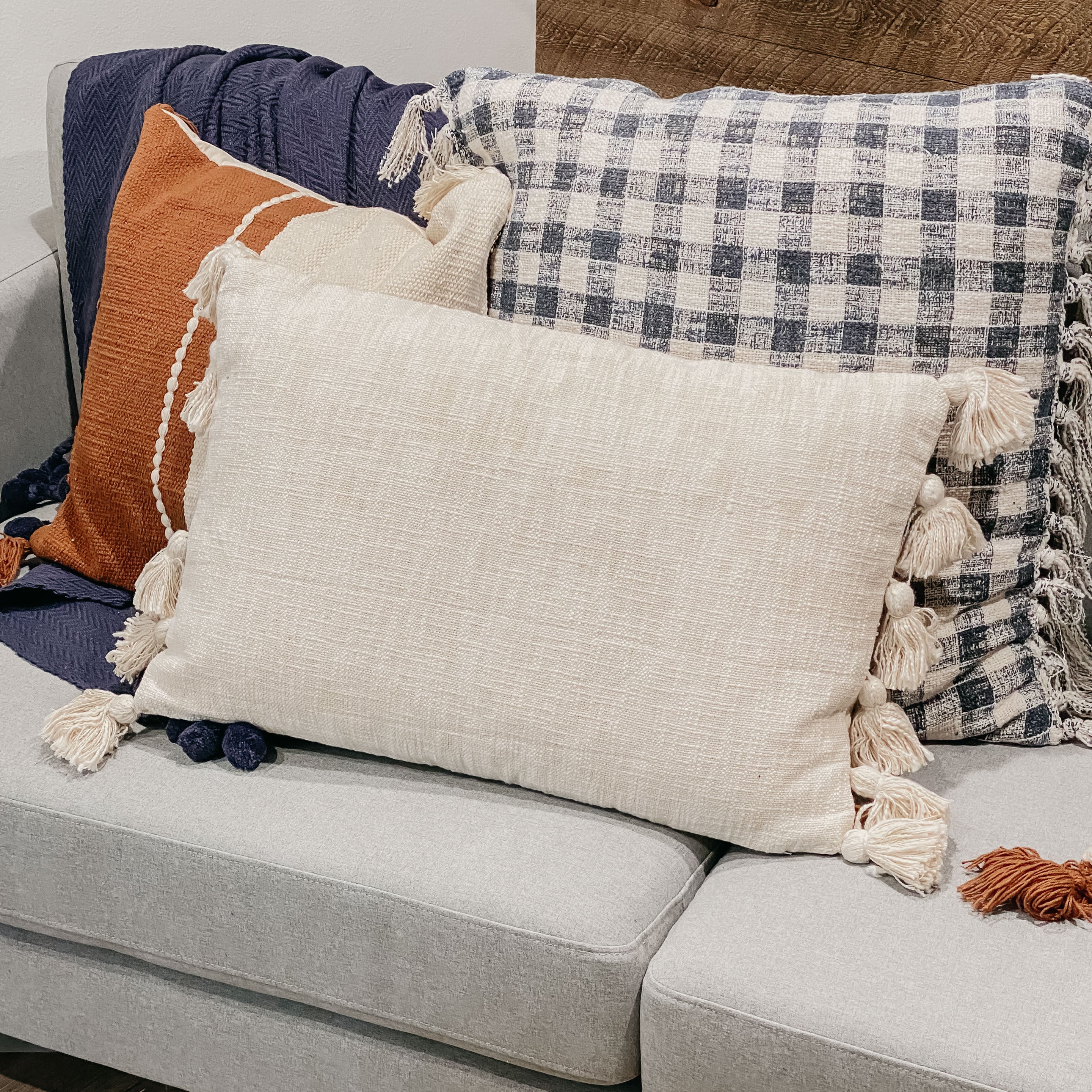Cream Cotton Woven Slub Pillow with Plush Tassels