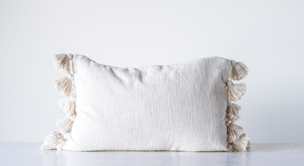 Cream Cotton Woven Slub Pillow with Plush Tassels