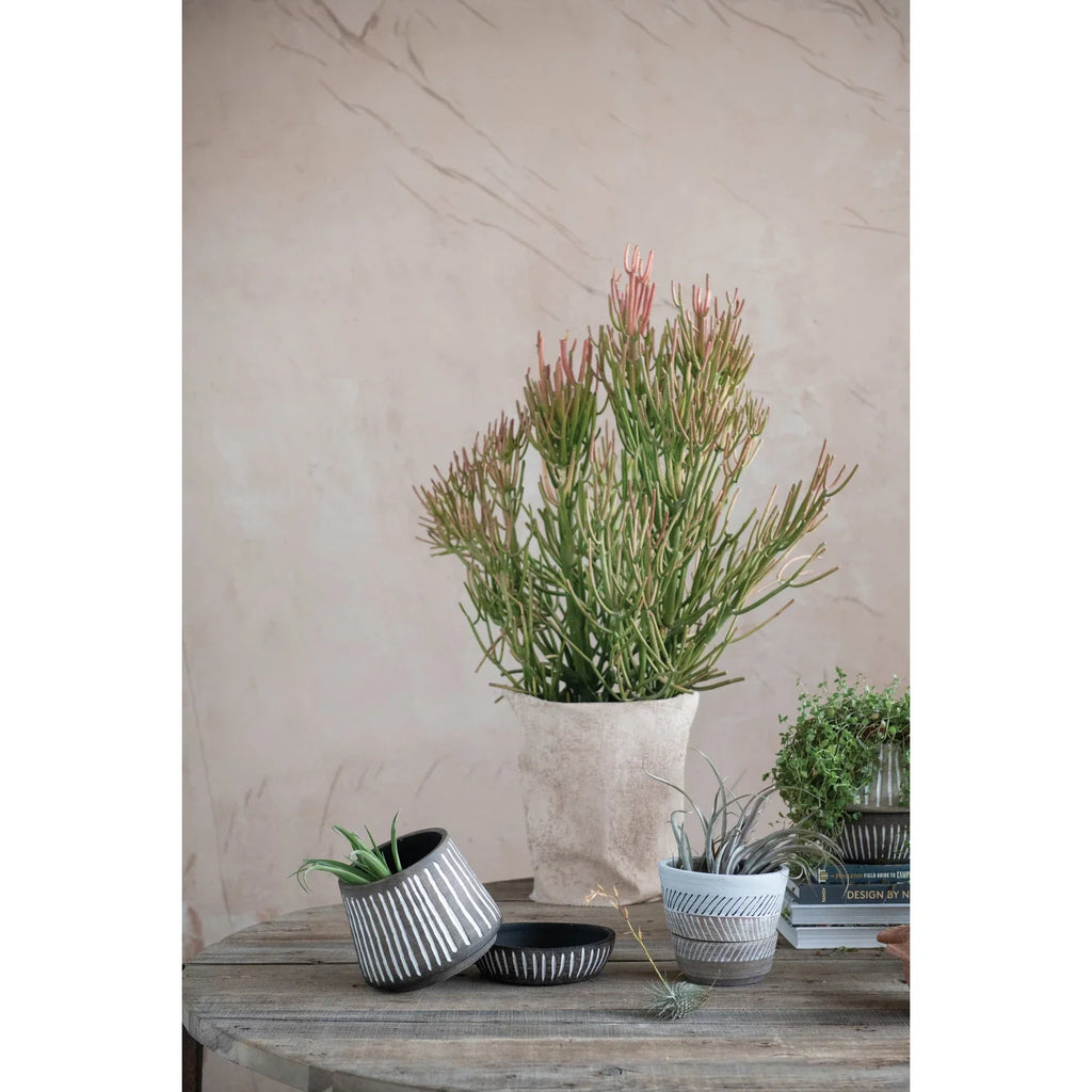 Hand-Painted Striped Debossed Planter and Saucer Set